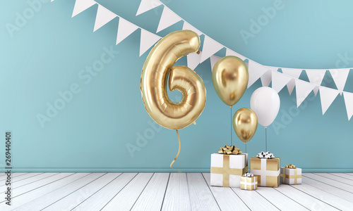 Happy 6th birthday party celebration balloon, bunting and gift box. 3D Render