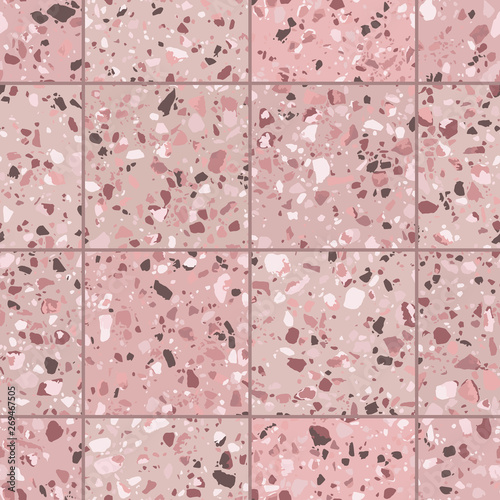 Terrazzo granite tiles seamless pattern. Vector texture of mosaic floor with natural stones, granite, marble, quartz. Pink, brown and copper colors. Trendy repeat design for decor, interior, exterior