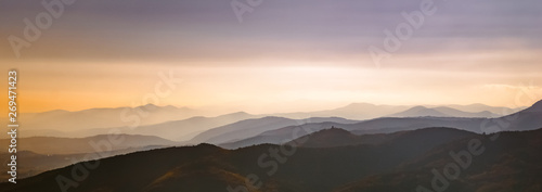 Beautiful scenic panoramic landscape of the Vosges mountains at dusk, France. Warm feel.