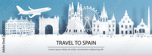 Travel advertising with travel to Spain concept with panorama view of Barcelona city skyline and world famous landmarks in paper cut style vector illustration.