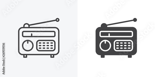 Retro radio icon. line and glyph version, outline and filled vector sign. Old radio with antenna linear and full pictogram. Symbol, logo illustration. Different style icons set