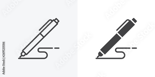 Pen, write icon. line and glyph version, Signature pen outline and filled vector sign. linear and full pictogram. Symbol, logo illustration. Different style icons set