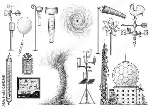 Weather research tool collection illustration, drawing, engraving, ink, line art, vector