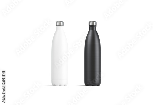 Blank white and black thermo sport bottles mock up, 3d rendering. Empty tourism metal botle with clip mock up isolated. Clear vacuum container of aluminum for tea template. Clear eak proof termos.