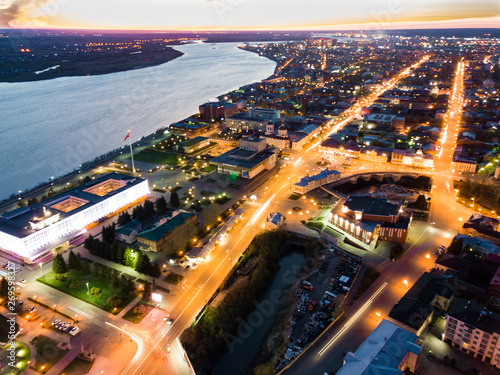 Tomsk nigth illumination. Cityscape Aerial view of Tom river. Siberia, Russia.