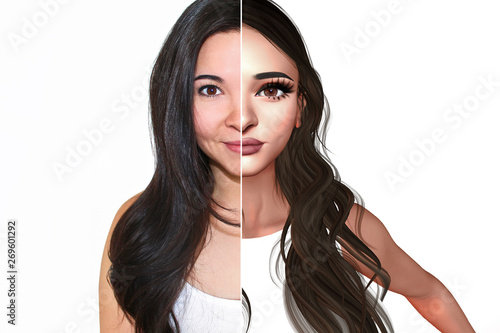 Real Life vs. Virtual Avatar - Young Woman, Split Portrait