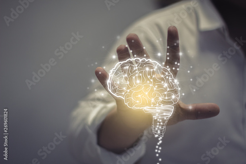 Virtual reality man with symbol neurons in brain.creative idea.Concept of idea and innovation 