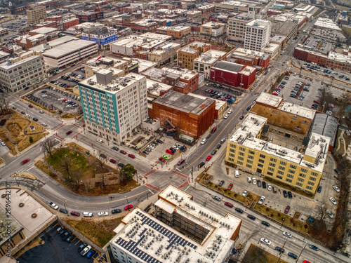 Aerial View of Downtown Springfield, Missouri on a Cloudy Winter Day