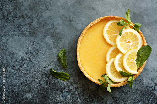 Traditional french lemon tart. View from above