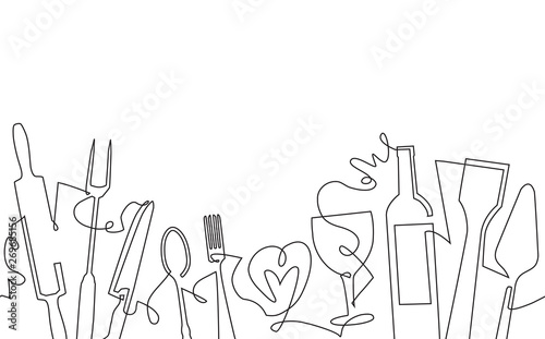 Cooking Seamless Pattern. Background with Utensils and empty space for text. Continuous drawing style. Vector illustration.