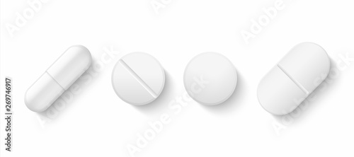 Realistic white pills. 3D drugs medicine capsules and vitamins, healthcare pharmacy tablets. Vector different isolated painkillers medicines on white background