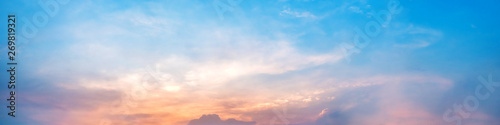 Dramatic panorama sky with cloud on sunrise and sunset time. Panoramic image.