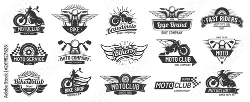 Motorcycle badges. Bikers club emblems, motorbike custom repair and wheel wings badge. Retro motorcycles motor emblem vector set