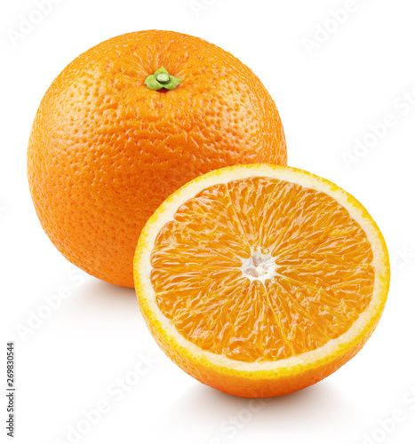 Whole ripe orange citrus fruit with half isolated on white background. Oranges with clipping path. Full depth of field.