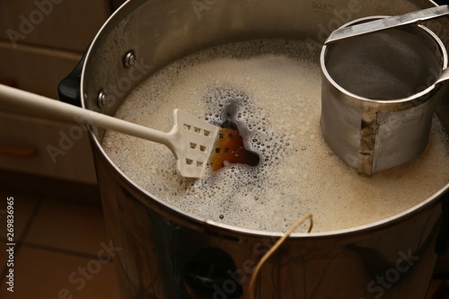 Brewing craft beer in a kitchen. Home brewing concept image. 