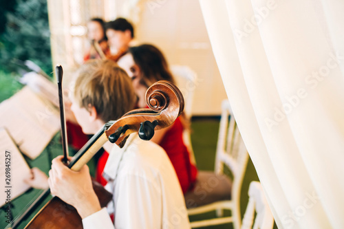 The music quartet plays at the wedding. String Quartet. The actor performs at a party. musical instrument.