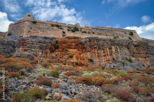 Ruins of Venetian fort on Imeri Gramvousa Island near island of Crete, Greece