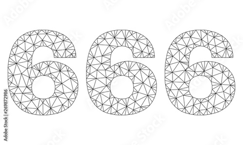 Mesh vector 666 text. Abstract lines and circle dots form 666 black carcass symbols. Linear carcass flat polygonal mesh in eps vector format.