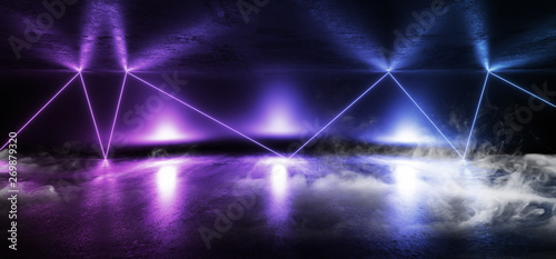 Smoke Neon Stage Showcase Club Laser Vibrant Luminous Purple Blue Pink Chaotic Triangle Dark Empty Hall Garage Grunge Concrete Reflective Sci Fi Futuristic 3D Rendering