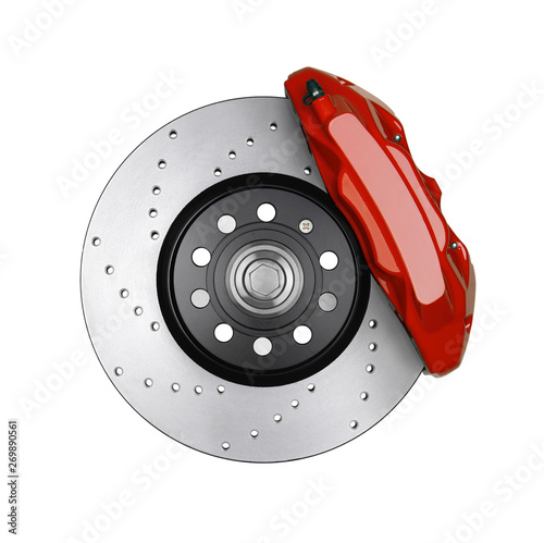 Car brake disc and red caliper isolated on white background