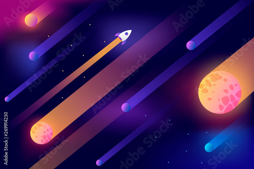 Horizontal space background with abstract shape and planets. Web design. Falling asteroids. Space exploring. Vector illustration. 