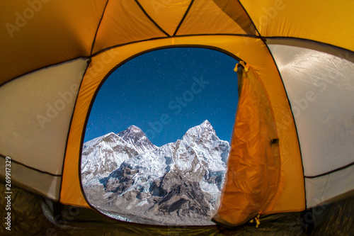 View from inside the tent of the Himalayan landscape. Mountains Everest, Lhotse and Nuptse.