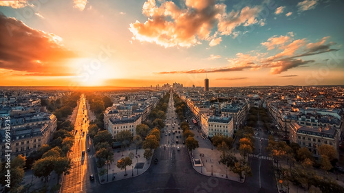 Sunset over Champs-Elysees and La Defense in Paris