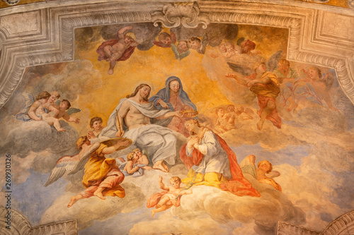 ACIREALE, ITALY - APRIL 11, 2018: The glorification of St. Venera fresco on the ceiling of Duomo - cattedrale di Maria Santissima Annunziata by Antonio Filocamo (1712).
