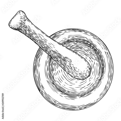 Mortar and pestle vintage engraving hand drawing. Isolated on white, pharmacy and medicine. Spiritual occultism chemistry, magic alchemy tattoo sketch. Vector