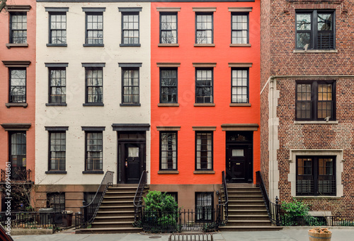 Brownstone facades & row houses in an iconic neighborhood of Brooklyn Heights in New York City