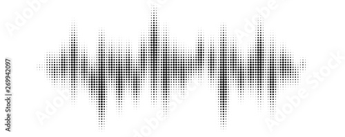 Black halftone pattern for screen blending mode. Halftone pattern audio waveform. Sound wave spectrum. Modern design rhythm of heart. Abstract dotted ornament isolated on white background