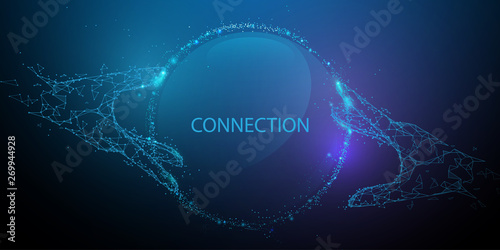 Hands touching global connection concept. Futuristic technology. Lines, triangles and particle style design. Illustration vector