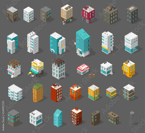 Buildings city set. Isometric top view. Separate vector town houses. Shop street cafe, offices and bank, residential buildings are different types.