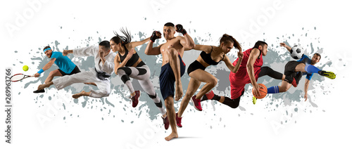 Sport collage. Tennis, soccer, karate, MMA fighter and basketball players