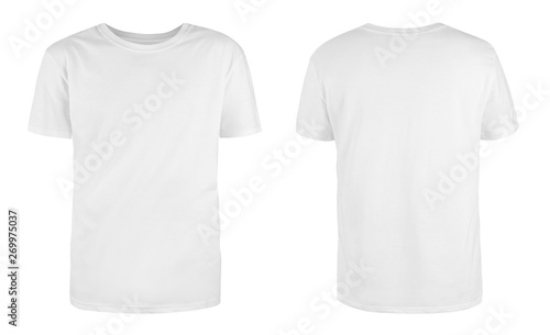 Men's white blank T-shirt template,from two sides, natural shape on invisible mannequin, for your design mockup for print, isolated on white background..