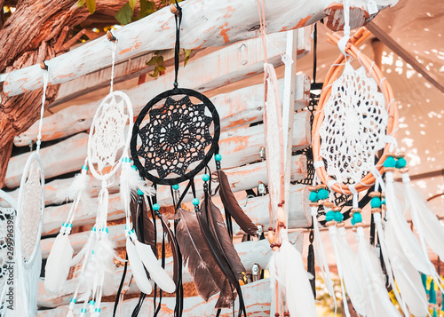accessories and handmade dream catcher souvenirs at the hippie de las Dalias market on the island of Ibiza, in summer.
