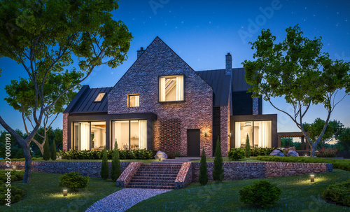 3d rendering of modern cozy clinker house on the ponds with garage and pool for sale or rent with beautiful landscaping on background. Clear summer night with many stars on the sky.