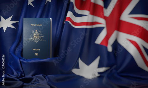 Australian passport on the flag of the Australia. Getting a australian passport, naturalization and immigration concept.
