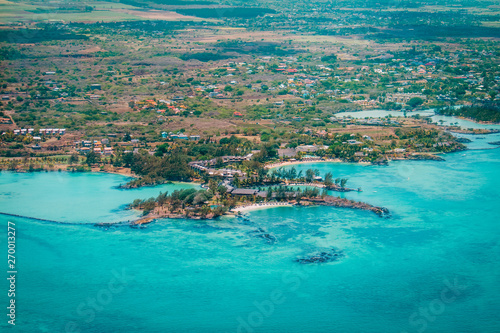 Luxury resort in Mauritius, aerial view taken during helicopter flight
