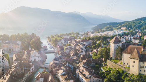 aerial cityscape of Annecy, panorama of old town historical houses and lake, France