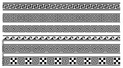 Vector set of 6 greek style geometric seamless frames isolated on white background 