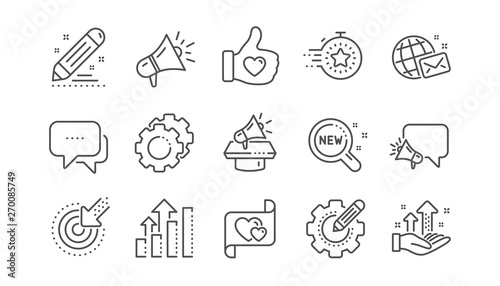 Brand social project line icons. Business strategy, Megaphone and Representative. Influence campaign, social media marketing, brand ambassador icons. Linear set. Vector