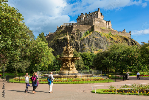 Edinburgh Castle and the Ross Fountain as seen from Princes Street Gardens