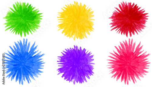 Set of abstract watercolor pompon shapes background. Round colorful flower elements isolated on white