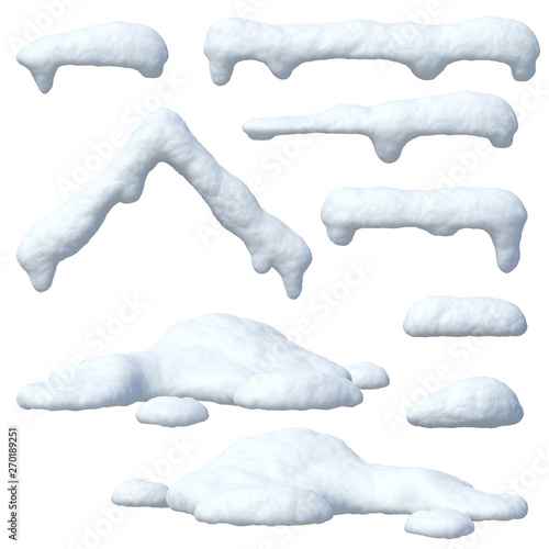 Snow caps set, icicles, snowballs and snowdrifts isolated on white background 3d rendering