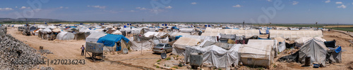 AZEZ, SYRIA – MAY 19: Refugee camp for syrian people in Burseya hill on May 19, 2019 in Azez, Syria. In the civil war that began in Syria in 2011, 12 million people were displaced.