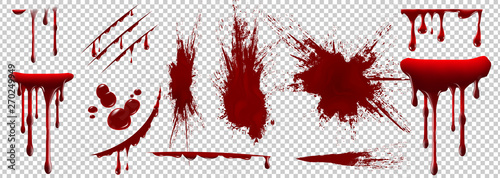 Realistic Halloween blood isolated on transparent background. Blood Drops and splashes. Can be used on halloween design, medical, healthcare, flyers, banners or web. Vector blood illustration. EPS 10.