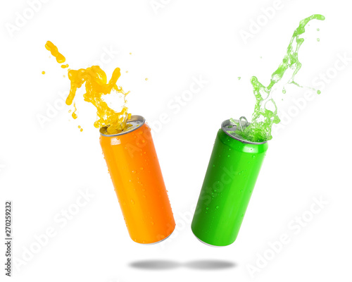 Green soda and orange soda splashing out of canned isolated on white background.