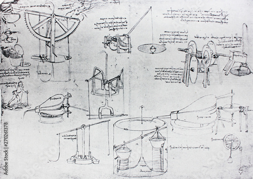 The mechanisms. Atlantic code 7 verso a. By Leonardo Da Vinci in the vintage book Leonardo da Vinci by A.L. Volynskiy, St. Petersburg, 1899