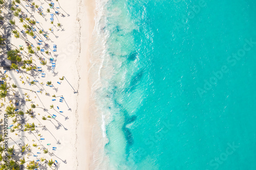 Aerial view from drone on caribbean seashore with coconut palm trees and sunbeds. Summer holidays